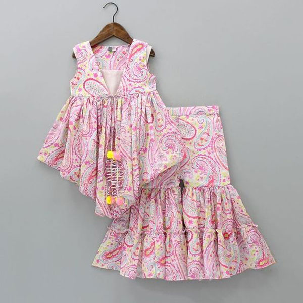 Vibrant Blossom Ensemble: Multicolor Floral Full sleeveless tops with Sharara  Party Dress 1907