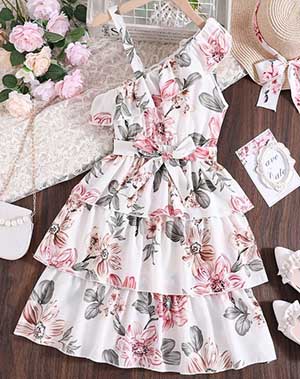 Flower Gown Elegant Floral Fit & Flare neckline and ruffle stripes sleeveless Party Dress For Baby Girls 1728