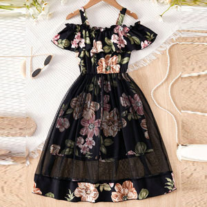 Flower Gown Elegant Floral Fit & Flare Cold Shoulder Ruffle Trim Contrast Mesh Party Dress For Baby Girls 1730