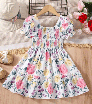Adorable Girls Floral Puff Sleeve Dress Trendy Wear Party Dress For Baby Girls 1741