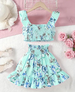 2pcs Floral Graphic Outfit Set - Sleeveless Flutter Trim Top & Flowy Skirt Combo Kids Party Dress 1961