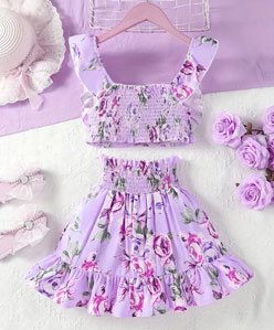 2pcs Floral Graphic Outfit Set - Sleeveless Flutter Trim Top & Flowy Skirt Combo Kids Party Dress 1962