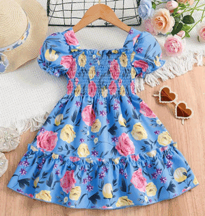 Adorable Girls Floral Puff Sleeve Dress Trendy Wear Party Dress For Baby Girls 1745