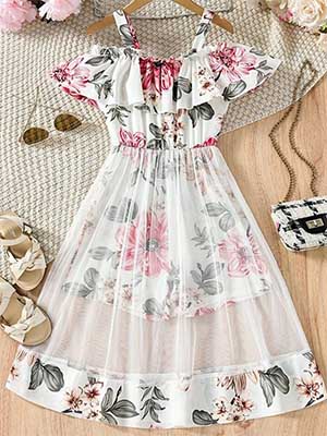Flower Gown Elegant Floral Fit & Flare Cold Shoulder Ruffle Trim Contrast Mesh Party Dress For Baby Girls 1729