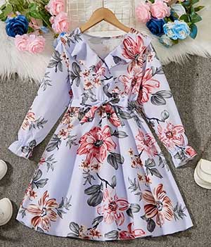 Flower Gown Elegant Floral Fit & Flare V Neck Ruffle Trim Long Sleeve Party Dress For Baby Girls 1727