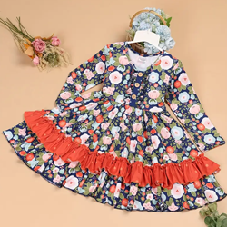 Girls Twirl Dress - Purple Floral Ruffle Party Dress with Buttons 1774