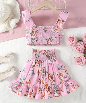 2pcs Floral Graphic Outfit Set - Sleeveless Flutter Trim Top & Flowy Skirt Combo Kids Party Dress 1963