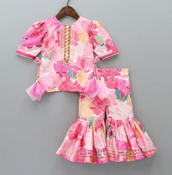 Petal Magic Frock & Bell Bottom Set for Girls – Floral Festive Wear  1909