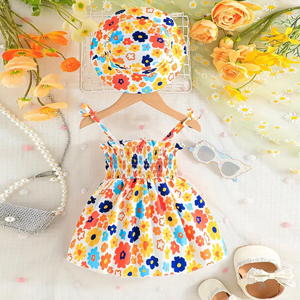 Baby Girl Floral Print Bow Front Cami Dress & Hat, (Baby Jama And Tupi)  1751