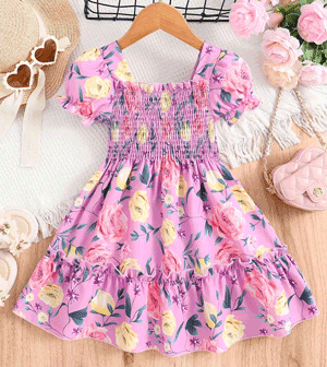 Adorable Girls Floral Puff Sleeve Dress Trendy Wear Party Dress For Baby Girls 1743