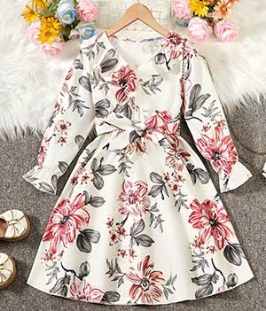 Flower Gown Elegant Floral Fit & Flare V Neck Ruffle Trim Long Sleeve Party Dress For Baby Girls 1726