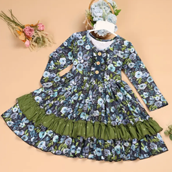 Girls Twirl Dress - Purple Floral Ruffle Party Dress with Buttons 1772